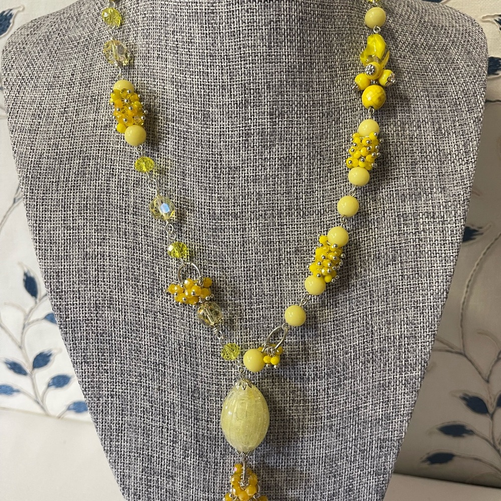 Yellow Citrine Pendant Necklace with Beaded Chain